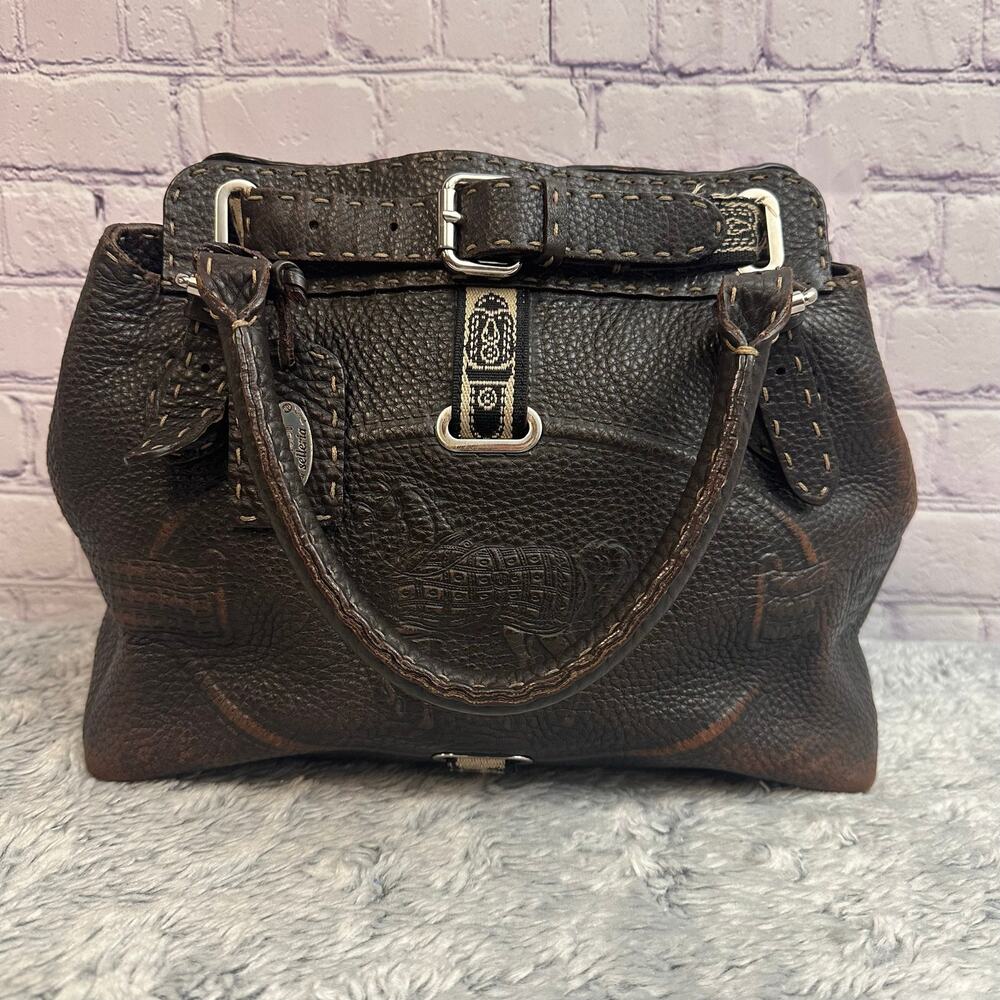 Fendi Selleria Villa Borghese Handbag Brown Leather Embossed Horse Purse - Picture 2 of 16